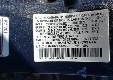 2015 Honda Cr-V Ex-L z USA, uszkodzony, nr VIN 2HKRM4H73FH675079